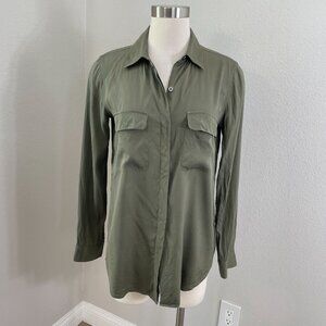 Theory Womens Medium Olive Button Up Shirt Silk Blend Stretch Long Sleeve Blouse